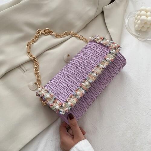 Women Nylon Handbags Pleated Lady Pearl Flower Chain Small Shoulder Totes Bag Youth Ladies Simple Versatile Bag