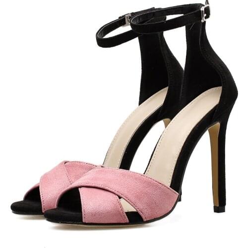 Rasteirinhas Sandalia Summer Fashion Thin High Heels Peep Toe Woman Sandals Pink Black Ankle Strap female shoes scarpe Sandale