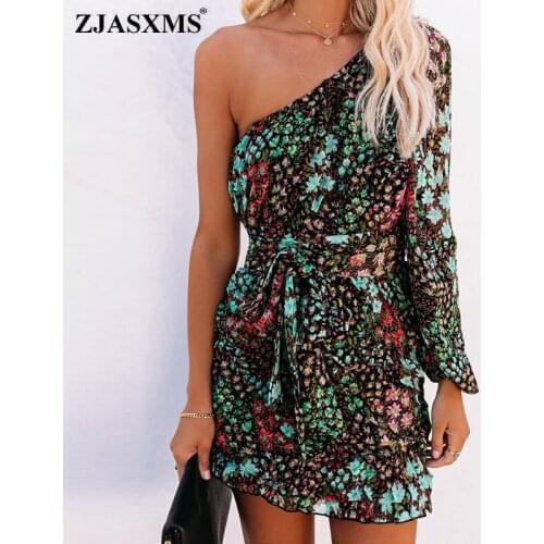 Autumn One Shoulder Long Sleeve Mini Dress Spring Skew Collar Backless Office Lady Dress Elegant Floral Print Retro Women Dress
