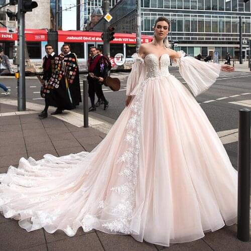 SoDigne Ball Gown Wedding Dresses Lace Appliques Pink Boho Bridal Dress Tulle Bridal Gown Plus Size Court Train Custom Made