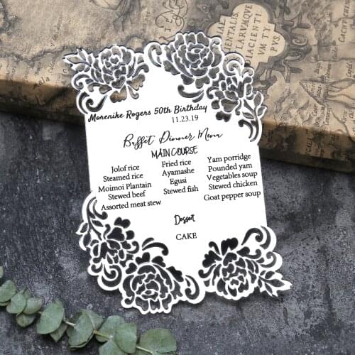 Rose Mirror Acrylic Menu Card/Acrylic Invitation, Laser Etched/Engraved Mirror Acrylic Wedding Menu, Mirror Acrylic