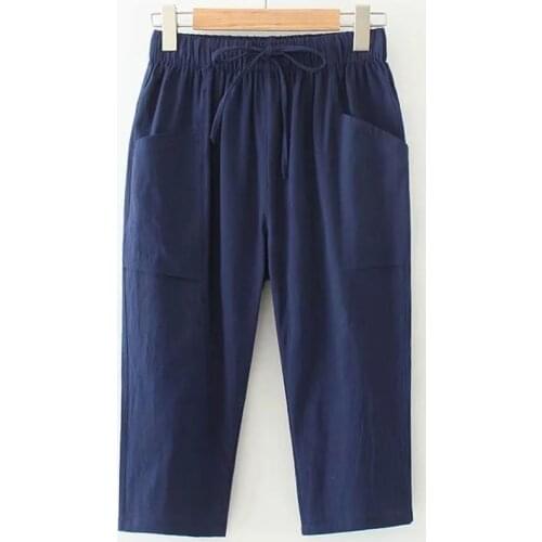 2020 Summer Womens Elastic Waist Harem Pants Capris Plus Size Candy Color Casual Beach Calf-Length Cotton Linen Pant