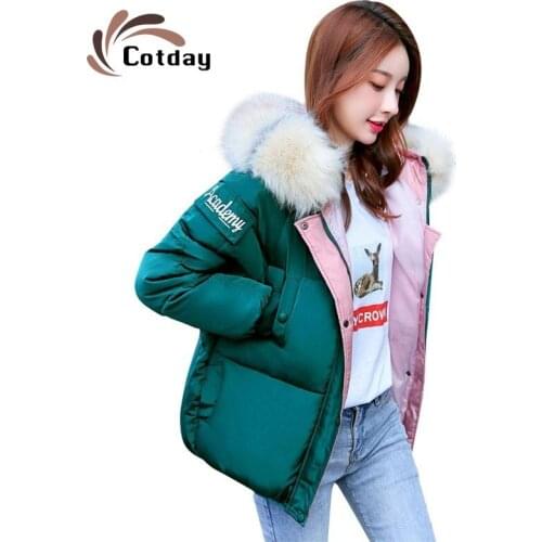 Cotday Short Green Hooded Fur Collar Letter Winter Cotton Coat Jacket Plus Size Thick Warm Women Padded Jacket Big Pocket