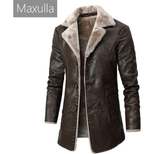 Maxulla Winter Mens PU Jackets Casual Fleece Warm Motorcycle Leather Jacket Male Mid-Long Slim Fit Leather Coats Mens Clothing