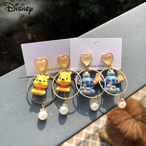 Disney Stitch Winnie The Pooh Fashion Earrings with Anime Dolls Gold Color Round Circle Earring for Women Wedding Jewelry Gift