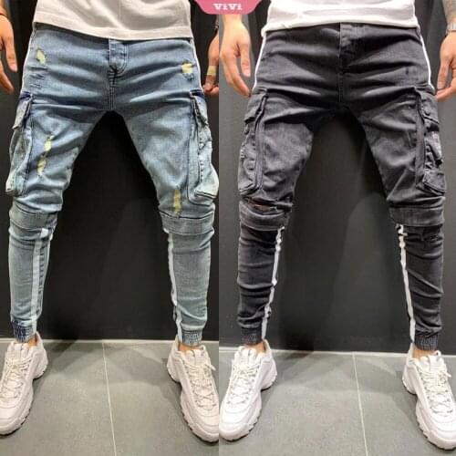 Mens Fashion Slim Jeans Cool Tight Over-the-knee Ripped Hole Zipper Stretch Feet Denim Pants High Street Style