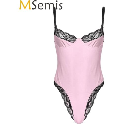Men Gay Jockstraps Lingerie Teddies Lace Trimming Bodycon Bodysuit Sissy Spaghetti Strap Sleeveless Unlined Wireless Bra Catsuit