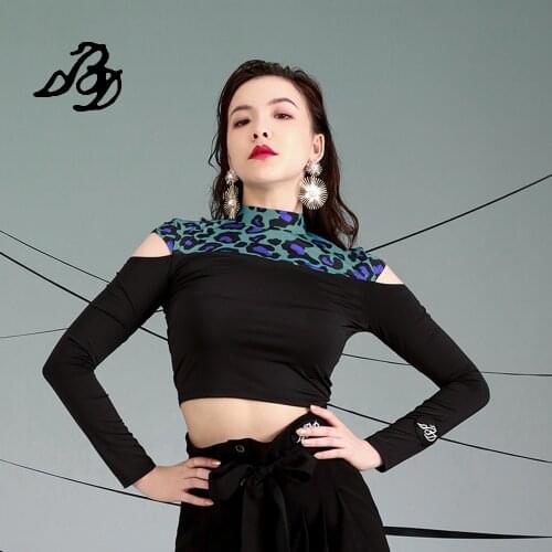 Harness Fashion New Adult Latin Dance Clothes Practice Wonder Womens Long-Sleeved Dance Clothes Leopard Strapless Top BD10