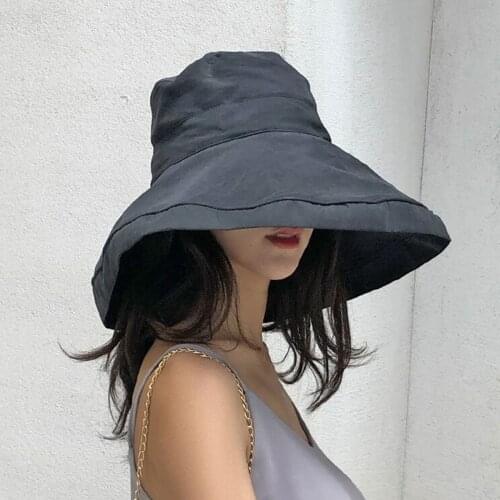 Summer Women Flat Bucket Hat Cotton Sun Hat For Women Travel Japanese Foldable Solid Color Female Simple Big Edge Fisherman Hats