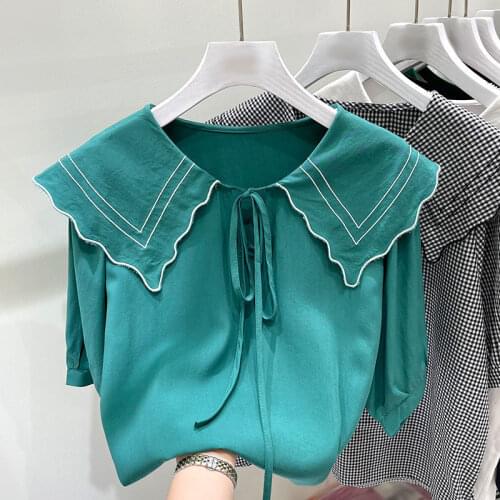 Doll collar short-sleeved shirt womens summer 2021 new Korean style design sense niche western style all-match blouse trend