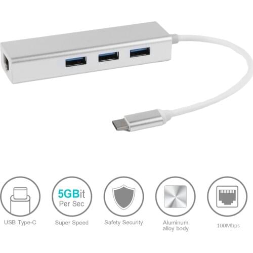 RUISUI Type C USB 3.1 to RJ45 Network Adapter 10/100Mbps Ethernet Network LAN Card 3 Ports USB C HUB for Mac Computer Notebook