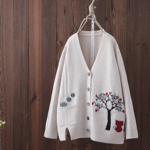 Sweater Cardigan Womens Jacquard V-Neck Sweater Coat New Loose Cute Print Joker Long Sleeve Womens Knitted Jacket Sweaters