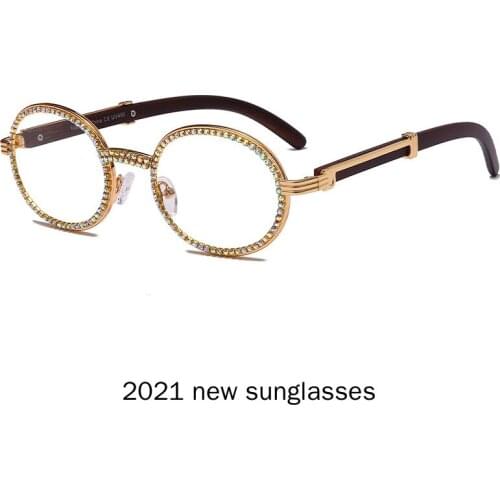 Vintage Round Diamond Sunglasses Men 2021 New Luxury Women Oval Crystal Wood Punk Glasses Fashion Party Eyewear UV400 NX
