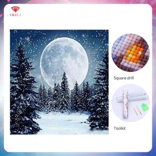 YIKELA Big Moon Snowy Groove Handmade Gift Scenery Diamond Painting Full Square Cross Stitch Rhinestones Needlework Decoration