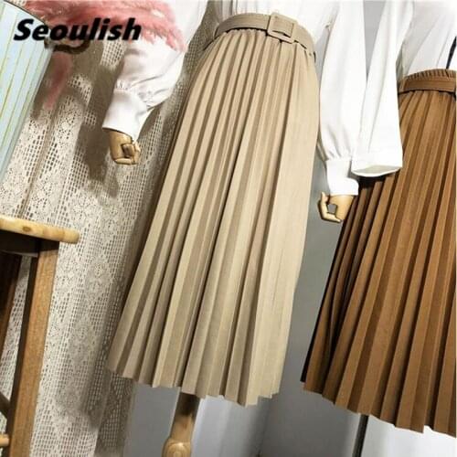 Spring Autumn Elegant High Waist Womens Skirts Multi Colors Pleated Skirts with Belted Fashion Midi Skirts Female Saia 2021 New