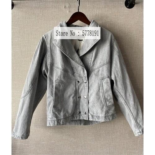 2020 winter NEW Grey Washed Denim Jackets Lapel Collar Detachable Warm Lining Drop Shoulders Long Sleeves Double Breasted Pocket