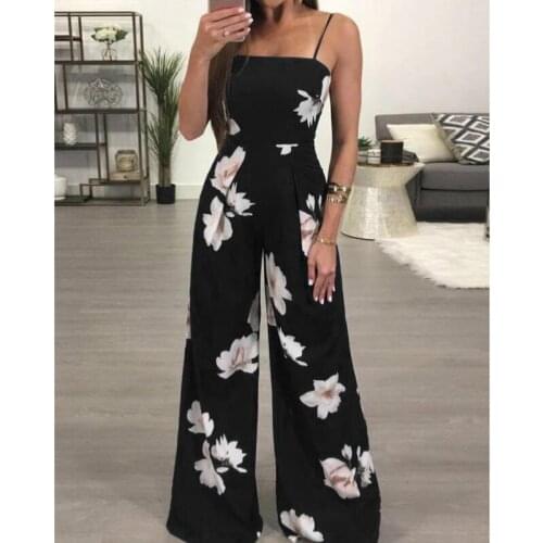 Womens Holiday Summer Beach Style Floral Print Sleeveless Backless Wide Leg Jumpsuit