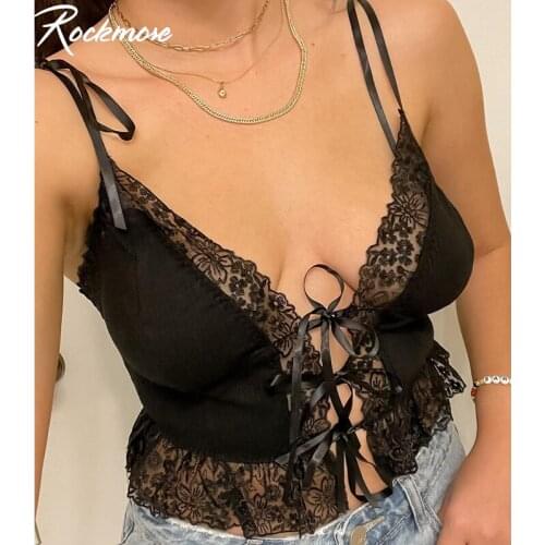 Rockmore Gothic Lace Tie Up Camis Women Cute Aesthetic Clothes V Neck Hollow Out Crop Tops Tee EGirl Summer Ruffles Camisole Hot