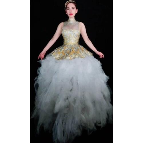 Women Big Train Birthday Dress Celebrate Nude White Mesh Tail Dresses Evening Outfit Sparkly Yellow Rhinestones Prom Dress