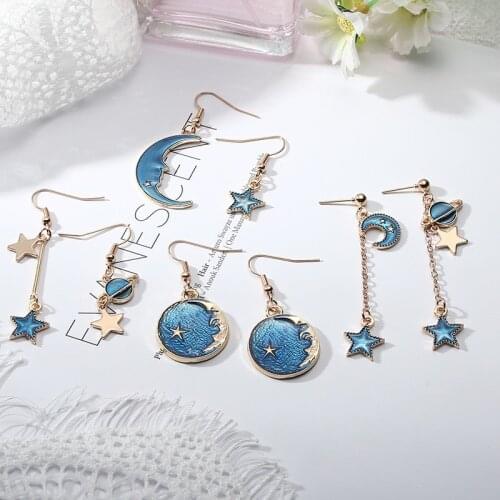 2019 Fashion Temperament Blue Star Planet Earrings Pink Tassel Asymmetric Earrings For Women Long Earrings Jewelry