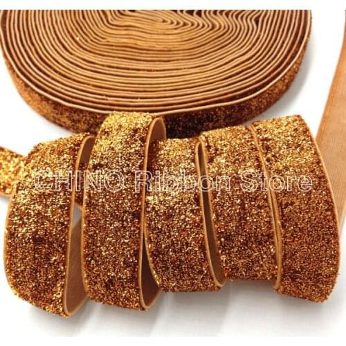 20Y 2 colors B-45 Top Quality 5/8" Brown Gold Glitter Elastic Ribbon Bling Bling Elastic Webbing Fold Over Elastic for Headwear