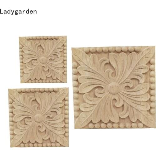 4PCS Vintage Unpainted Sculptures Wood Carved Decal Corner Onlay Wooden Applique Frame Home Decoration Furniture Decor Statues