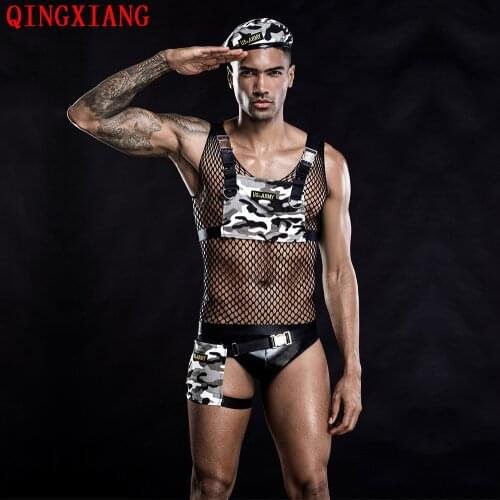 6 Piece Men Night Club Bondage Zone Bar Performance Uniform Camouflage Custome Sexy Top Tee Shirt Fish Net Underwaist PU Panties