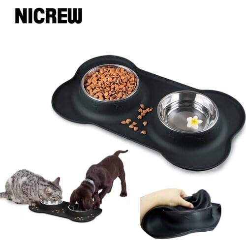 NICREW Antislip Double Dog Bowl With Silicone Mat Durable Stainless Steel No Spill Pet Feeding Bowl Drinking Water Food Feeder