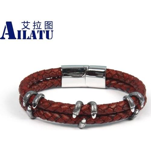 Ailatu 10 Pcs Stainless Steel Bangles New Men Male Hand Made Genuine Leather Magnetic Buckle Charm Bracelets Present