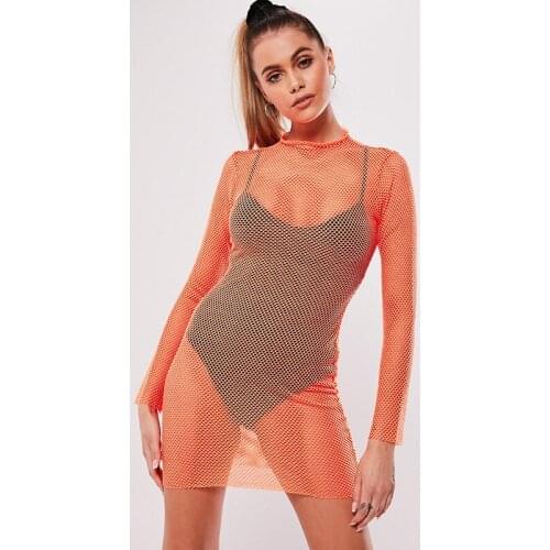 BKLD Neon Green Mesh Sheer Dress Long Sleeve Bodycon Mini Dress Sexy Fishnet See Through Party Clubwear Dress Women 2019 Summer
