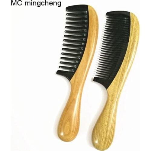 MC Brand 18cm Black Ox Horn Green Sandalwood Comb Health Natural Wooden Handle Combs Hair Style Designer Professional For Ladies