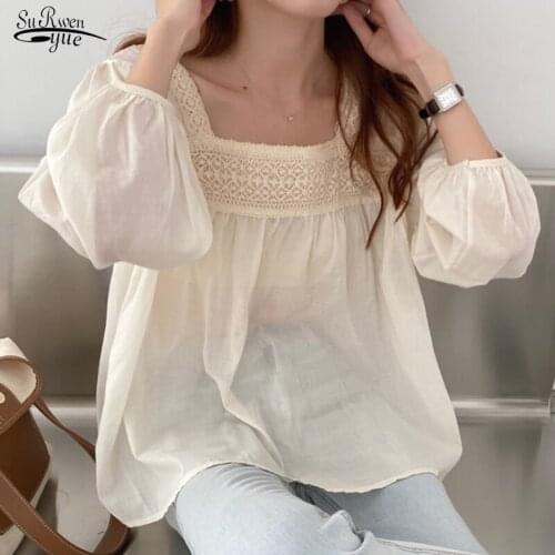Long Sleeve Korean Top Solid Puff Sleeve Fairy Lace Office Blusa Sweet Woman Shirt Autumn Loose Women Blouse Lady Clothes 10319