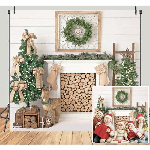 Christmas Fireplace Photography Background Wood Floor Xmas Tree Child Photo Background Photographic for Photobooth Studio Props