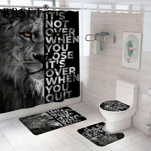 Head of A Ferocious Lion Shower Curtain 4 Piece Toilet Lid Cover Anti-slip Soft Rugs Bath Mat Kids Bathroom Set Home Decor