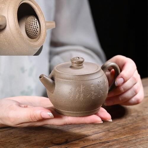 Chinese real yixing zisha duan clay tea pot Character carved ball shaped infuser holes kunfu pot of tea marked master on sales