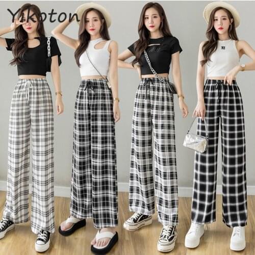 Harajuku Summer Pants Casual Printed Womens Wide Trousers Elastic Waist Womens Pants Plaid Pants Harajuku 2021 Chic Drawstring