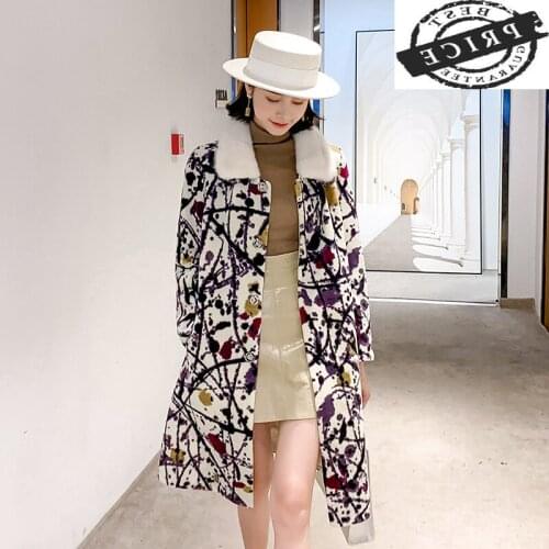 Fur Coat Real Female Floral Vintage Mink Fur Collar Sheep Shearing Jacket Women Clothes 2021 Korean Wool Coats Hiver 2005