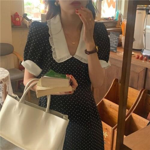 Polka Dot Print Summer Dress Korean Vintage Short Sleeve Casual Black Long Midi Dress French High Waist Party Dress Slim Fit