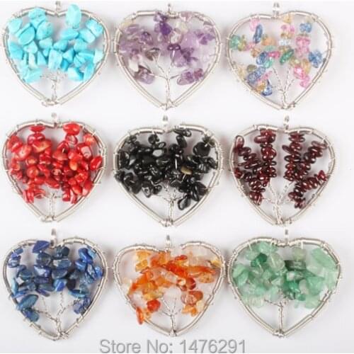 Garnet Purple crystal garnet red coral Lapis lazuli Chip stone Steel Wire Winding Heart-Shaped Pendant 1PCS