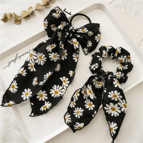 Cute Daisy Print Rubber Band Elegant Bow Hair Band Floral Print Hair Ties Elastic Ponytail Holder Scrunchy Girls Headwear