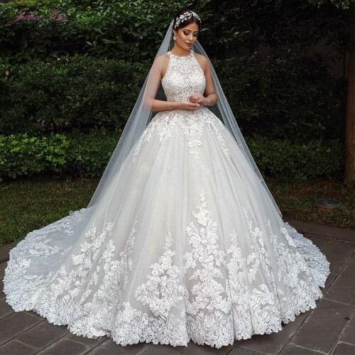 Julia Kui Halter Neckline Luxury Ball Gown Wedding Dress With Chapel Button Closure Wedding Gown