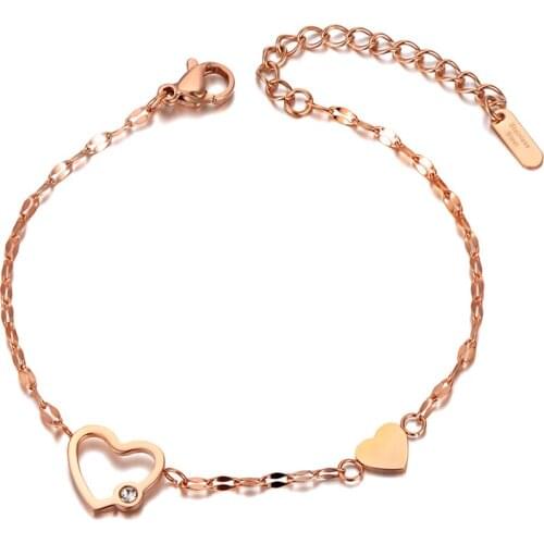 Rose Gold Stainless Steel Love Heart Charm Bracelets Bangle For Women Girl Bohemia CZ Crystal Chain Link Bracelet B20033
