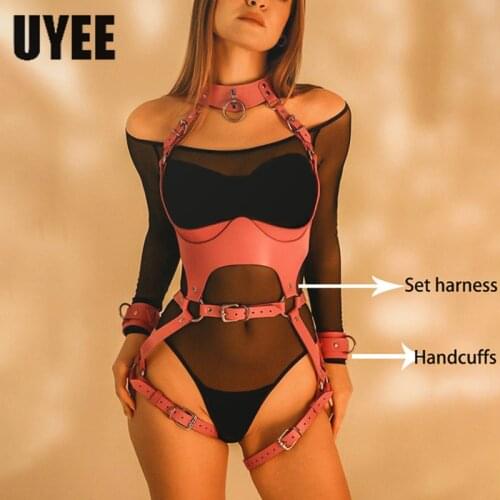 UYEE Sexy Full Body PU Leather Harness Stocking Garters Belts Lingerie Women Underwear Pink Red Suspenders Gothic Body Bondage
