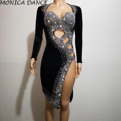 Sexy Stage Silver Stones Black Latin Dance Dress Outfit Stage Wear Sparkly Rhinestones Costume Birthday Prom Show Stretch Dress