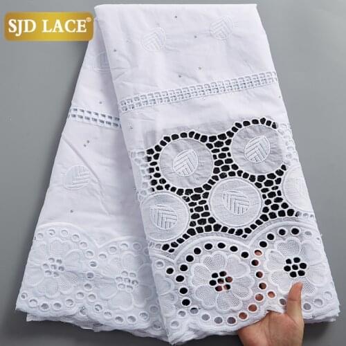 SJD LACE Pure White African Lace With Stone 100%Holes Cotton Latest Swiss Voile Lace In Switzerland For Everyone Dress Sew A2483