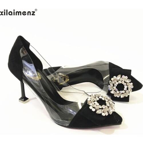Wedding Shoes Bride Clear with Black Crystal Pumps Christmas Day Evening Party Luxury Queen 9CM Spike Heels Transparent Shoes