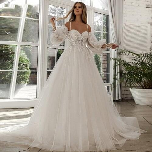 A-line Beach Wedding Dress Long Puff Sleeve Lace Bridal Gown Feathers Custom Made Princess Wedding Party Gowns Boho Plus Size