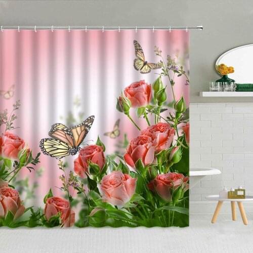 Pink Rose Butterfly Shower Curtain Painted Flower Bird High Quality Frabic Bathroom Supplies Decor With Hooks Cloth Curtains