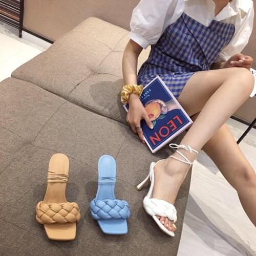 Woman Sandals 2020 Summer Thin High Heels Sandals Weave Square Toe Slippers Ladies Heel Sexy Ladies Leather Shoes Big Size