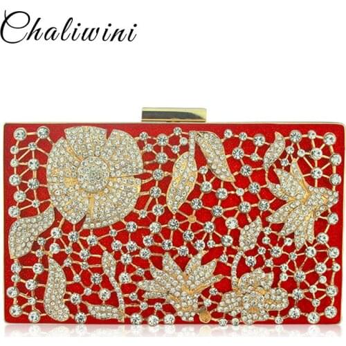 Metal Hollow Out flower Crystal Women Evening Bags Day Clutch Purse Handbags Chain Shoulder Bolsa Feminina Phone Key Pocket Bag